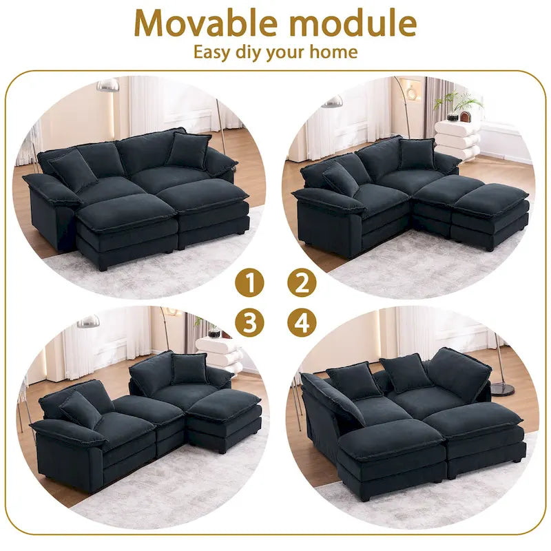 2-Sitzer-Sofa mit 2 Kissen, 2 Polstern und 2 Hockern, bequemes Sofa – Tiefes Wohnzimmersofa, Modulsofa