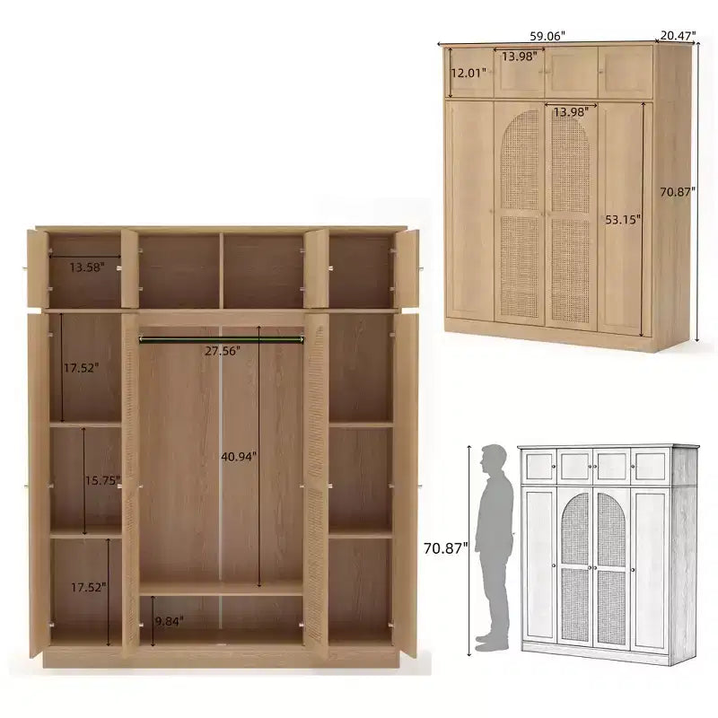 70.87Tall 8-türiger Kleiderschrank mit großer Kapazität, Kleiderstange, verstellbaren Regalböden und Rattantüren