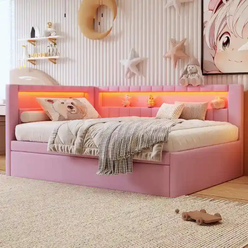 Gepolstertes Plattformbett mit USB-Anschlüssen & LED-Beleuchtung – Einzel-/Doppelbettgestell mit 2 Schubladen – Modernes Schlafzimmer