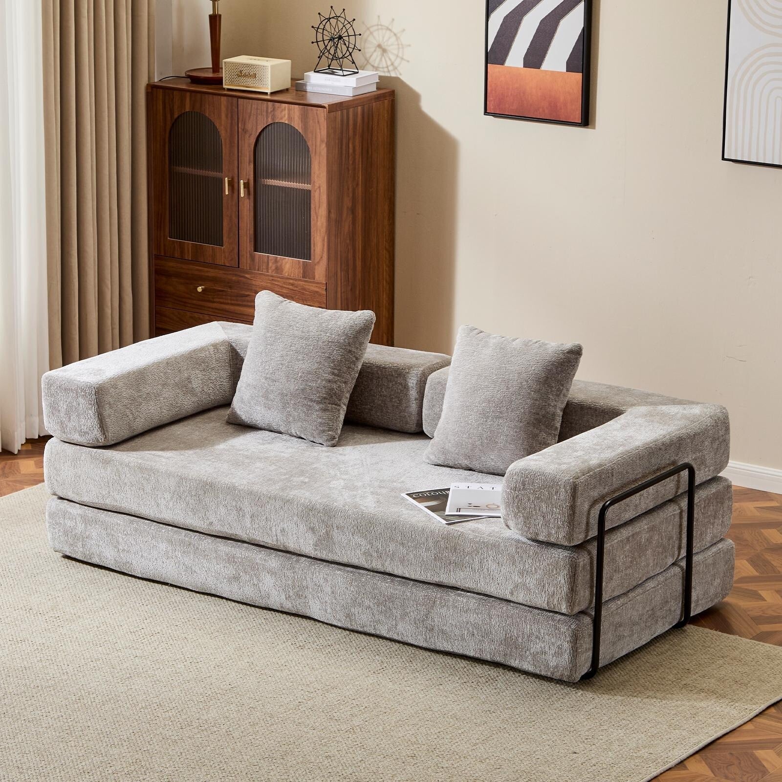 Umwandelbares Bodenschlafsofa mit Rückenkissen, Chenille-Gewebe für Wohnzimmer Schlafzimmer