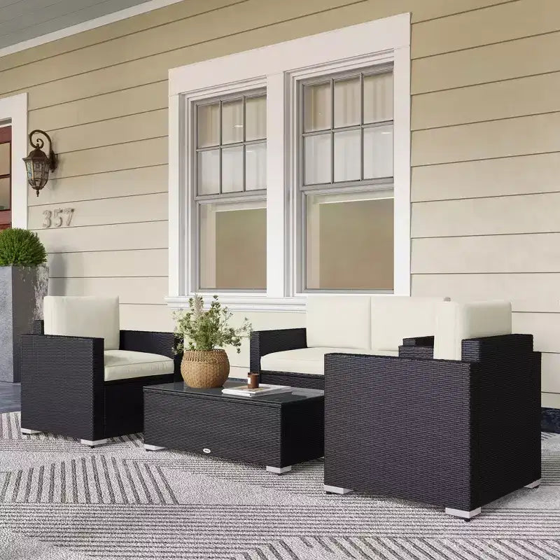 4-teiliges Rattan-Sofa-Set, Korbsessel-Set mit Zweisitzer, Couchtisch mit Glasplatte für Garten und Außenbereich