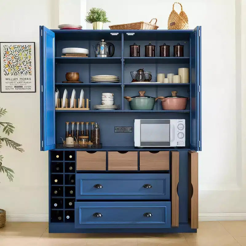 Whisen 180 cm hohe freistehende Küchenpantry, großer Esszimmer-Vorrratsschrank, Anrichte mit 4 faltbaren Türen, Einlegeböden, Weinregalen