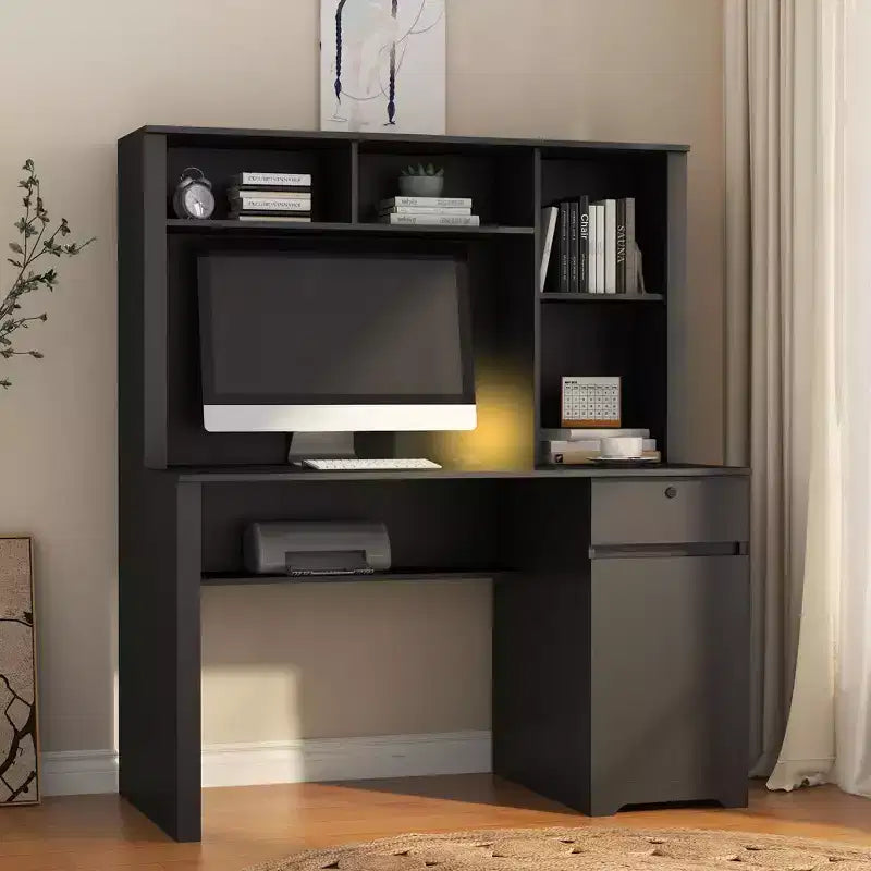 51.18 Zoll moderner Computertisch mit Aufsatz und Bücherregal, Schreibtisch mit viel Stauraum, Schreibtisch für Arbeitszimmer, Lesezimmer
