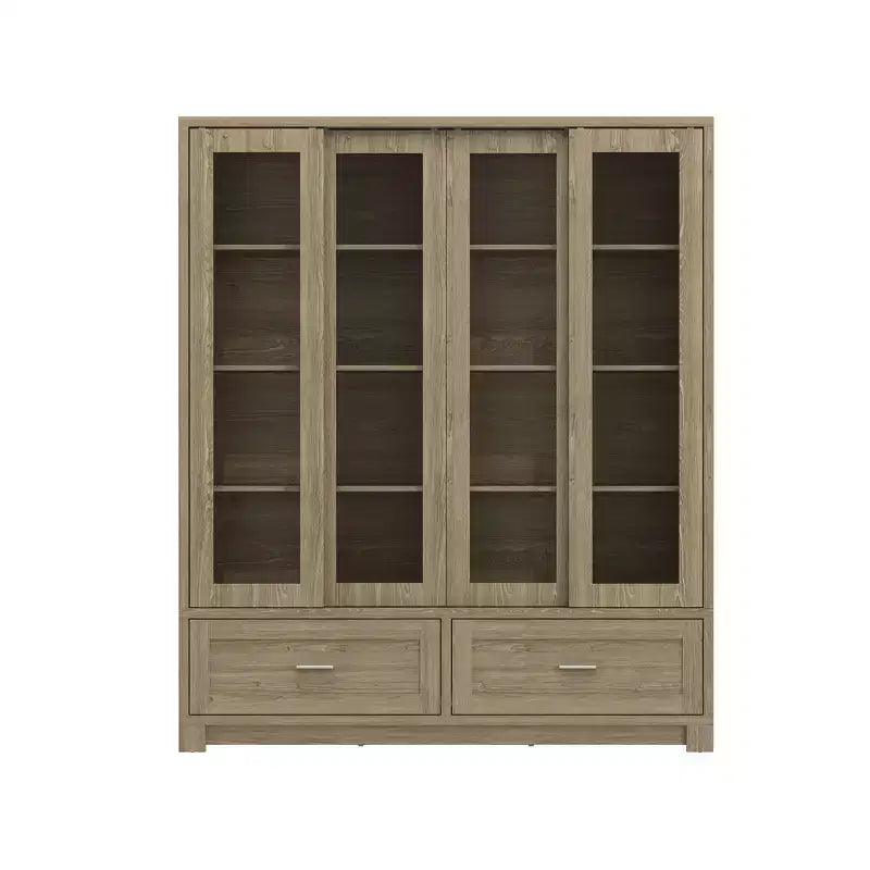 Famapy Vitrine aus heller Eiche: 63 cm breit, Schiebetüren aus Glas + Schubladen. Geräumiger Organizer für Heimbüchereien und Wohnzimmer