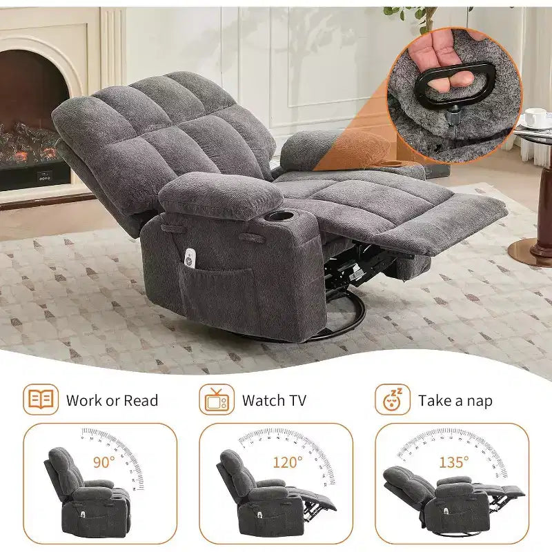 Übergroßer Relaxsessel für Erwachsene, Manueller Dreh-Schaukelsofa, Seitentaschen & Getränkehalter für Große und Schwergewichtige, Wohnzimmer
