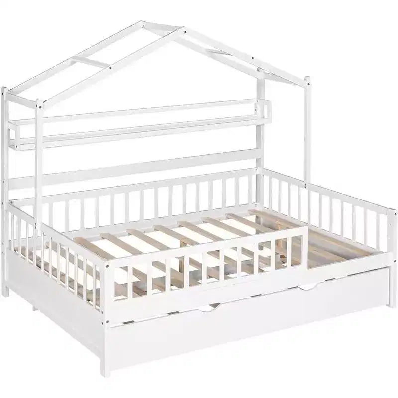 Acekool Hausbett in voller Größe mit ausziehbarem Doppelbett, Schubladen und Regalen, Dach und Zaun, Kinderplattformbett, Weiß