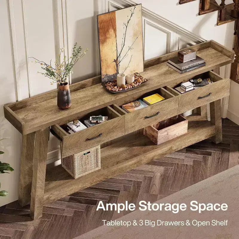 Lantine 2-stöckiger Sofatisch mit 3 Schubladen, 180 cm Konsolentisch mit erhöhter Ablage und Staufächern für Wohnzimmer, Flur, Eingangsbereich
