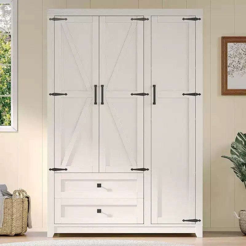 AMERLIFE 47 Bauernhaus-Kleiderschrank mit 3 Türen, 2 Schubladen, Kleiderstange und verstellbaren Einlegeböden, freistehender Schrank-Organizer