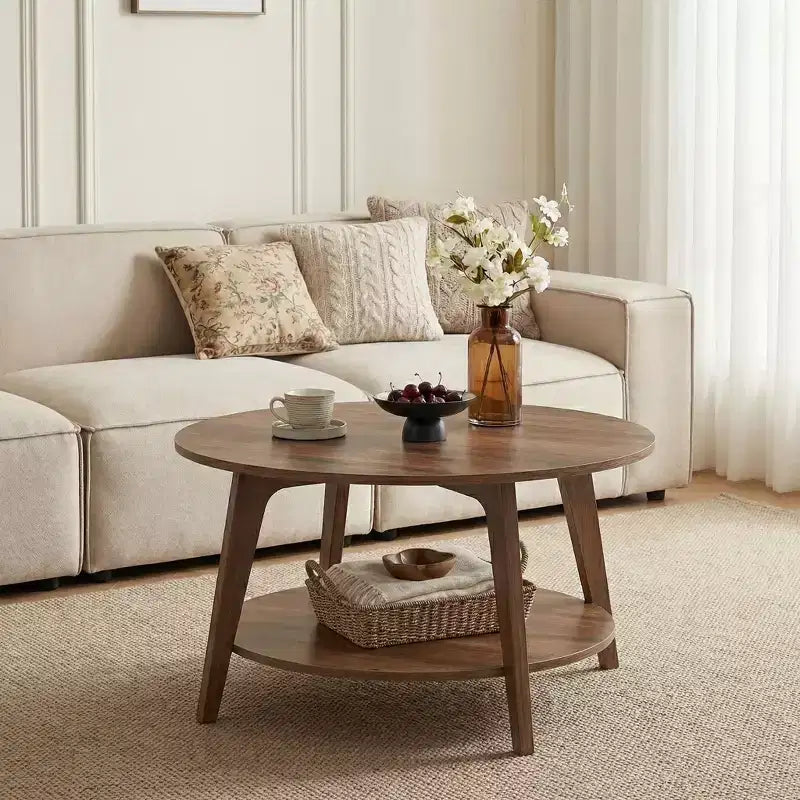 Honigbrauner runder Couchtisch mit 2 Ablageflächen, Maße 80 x 45 cm, ideal für das Wohnzimmer