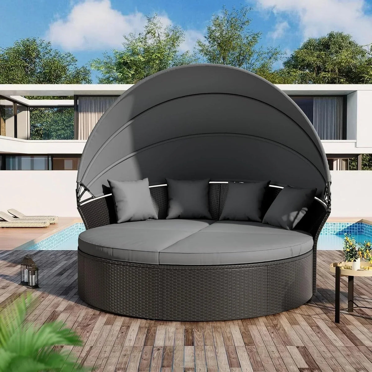 Nuon 4-teilige/5-teilige Outdoor-Garten-Sitzgruppe, Rattan-Tagesbett-Set mit Überdachung von Havenside Home
