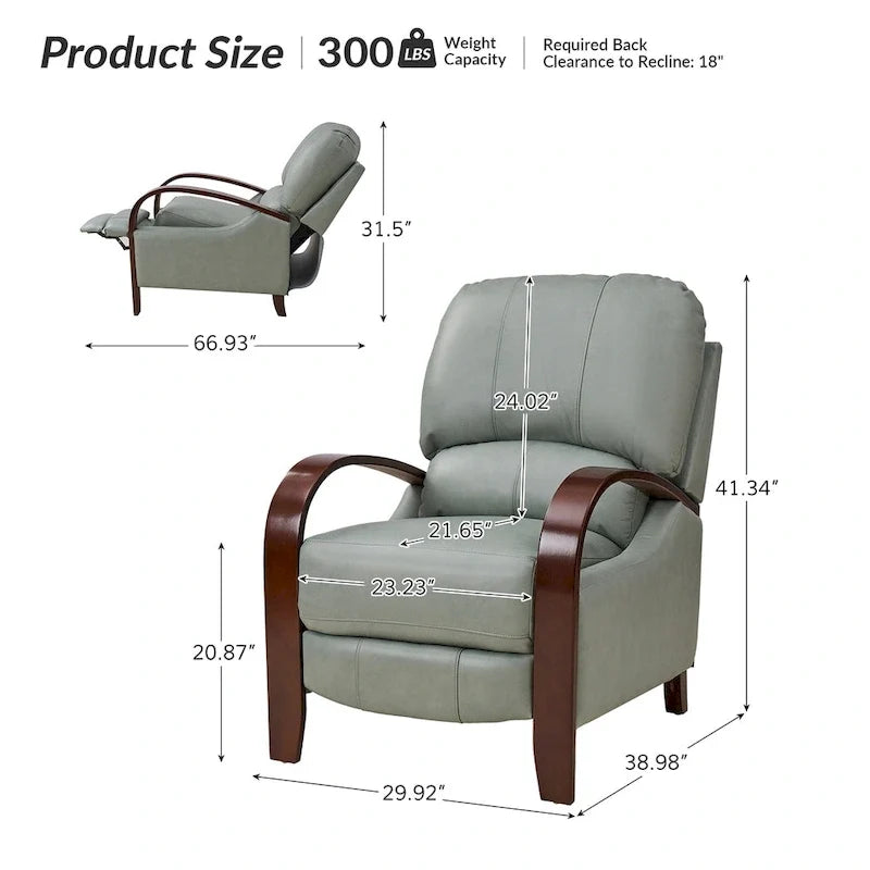 Alex Mid-Century Modern Zigarren-Sessel aus echtem Leder mit manueller Relaxfunktion und geschwungenen Holzarmlehnen