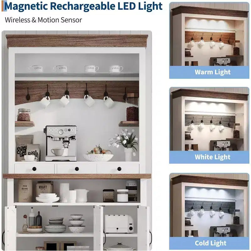 72" Hoher Bauernhaus-Kaffeebar-Schrank mit LED-Beleuchtung, Küchenbuffet mit Türen und Schublade, verstellbaren Einlegeböden, geräumiger Stauraum