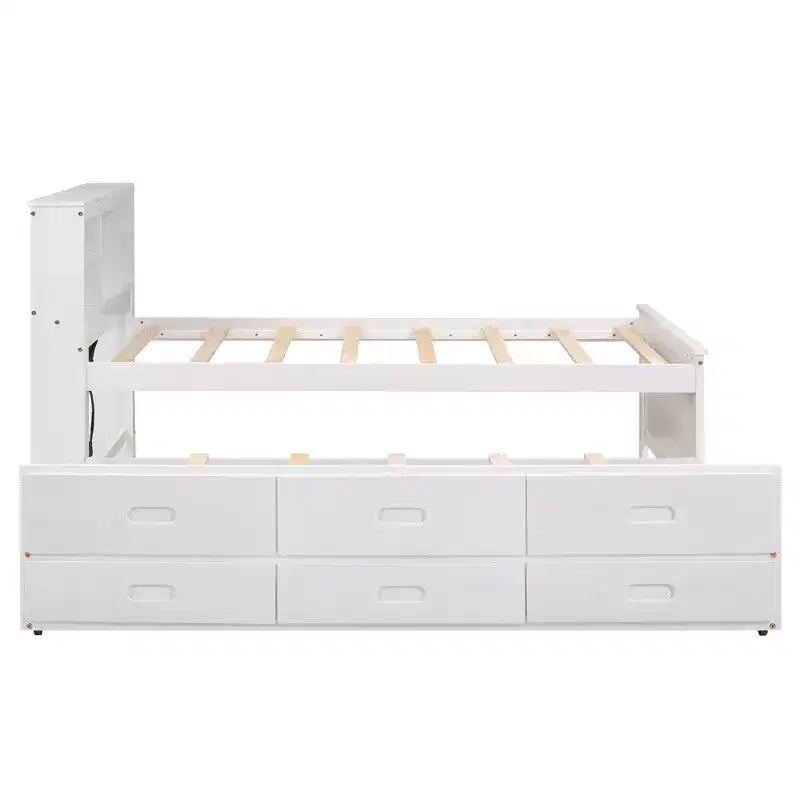 Plattformbett mit Rollbett und Schubladen, Stauraumbett mit USB-Anschluss, Holzbett mit Bücherregal