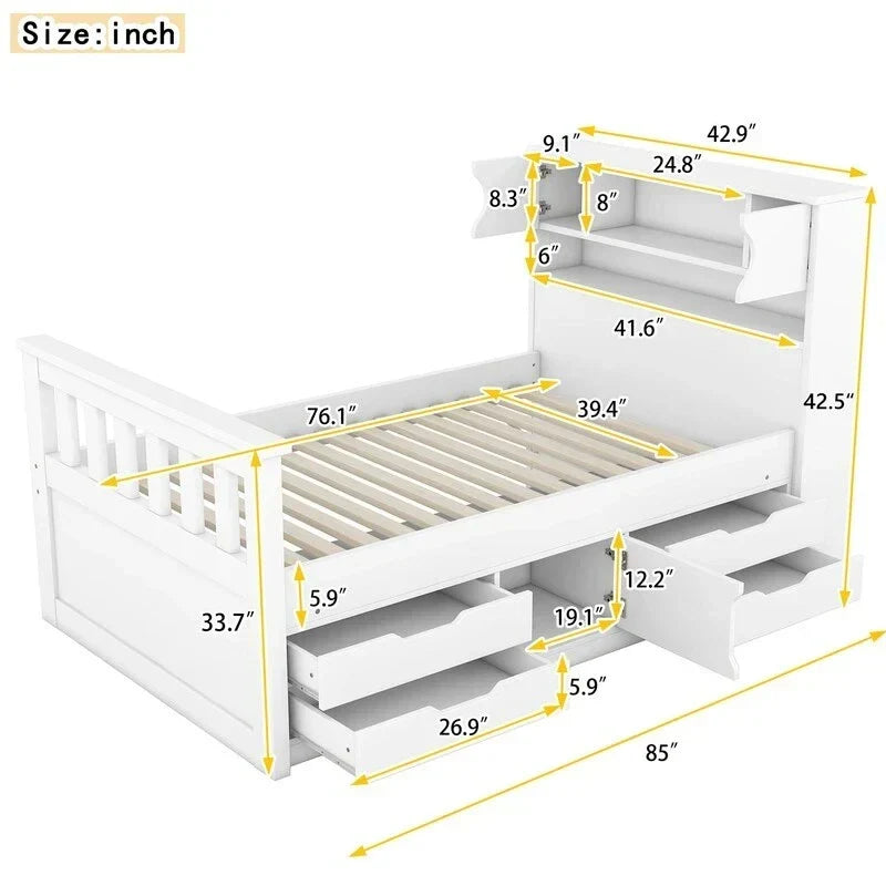 Doppel-/Full Size Captains-Plattformbett mit 4 Schubladen und Ablageflächen, Massivholz-Bettrahmen mit Stauraum-Bücherregal-Kopfteil