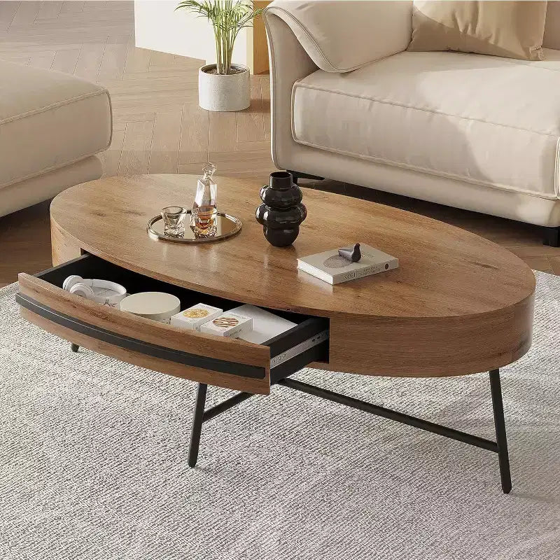 Acekool Ovaler Couchtisch mit Schublade, 120 cm Holz-Ablagetisch mit gekreuzten Metallbeinen, Mid-Century Modern Beistelltisch in Natur & Golden Willow