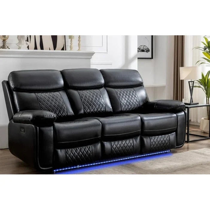 Elektrisches Liegesofa mit kabelloser Ladestation, Leselampe, LED-Beleuchtung für Wohnzimmer, Kunstleder, AC-/USB-Anschluss, Getränkehalter, Schwarz
