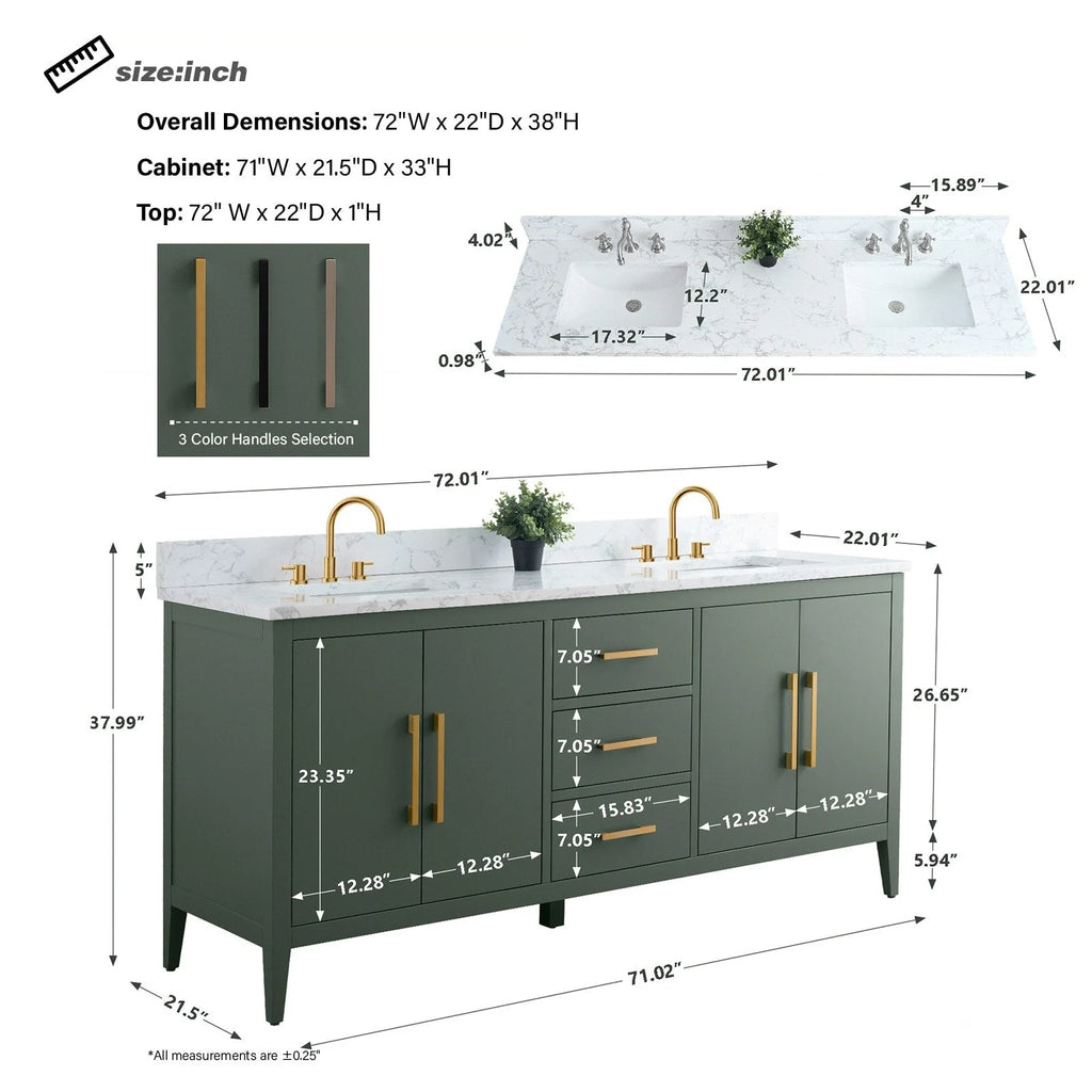 Vanity Art 72 Zoll Badezimmer-Waschtischunterschrank mit Doppelwaschbecken und Kunstmarmorplatte