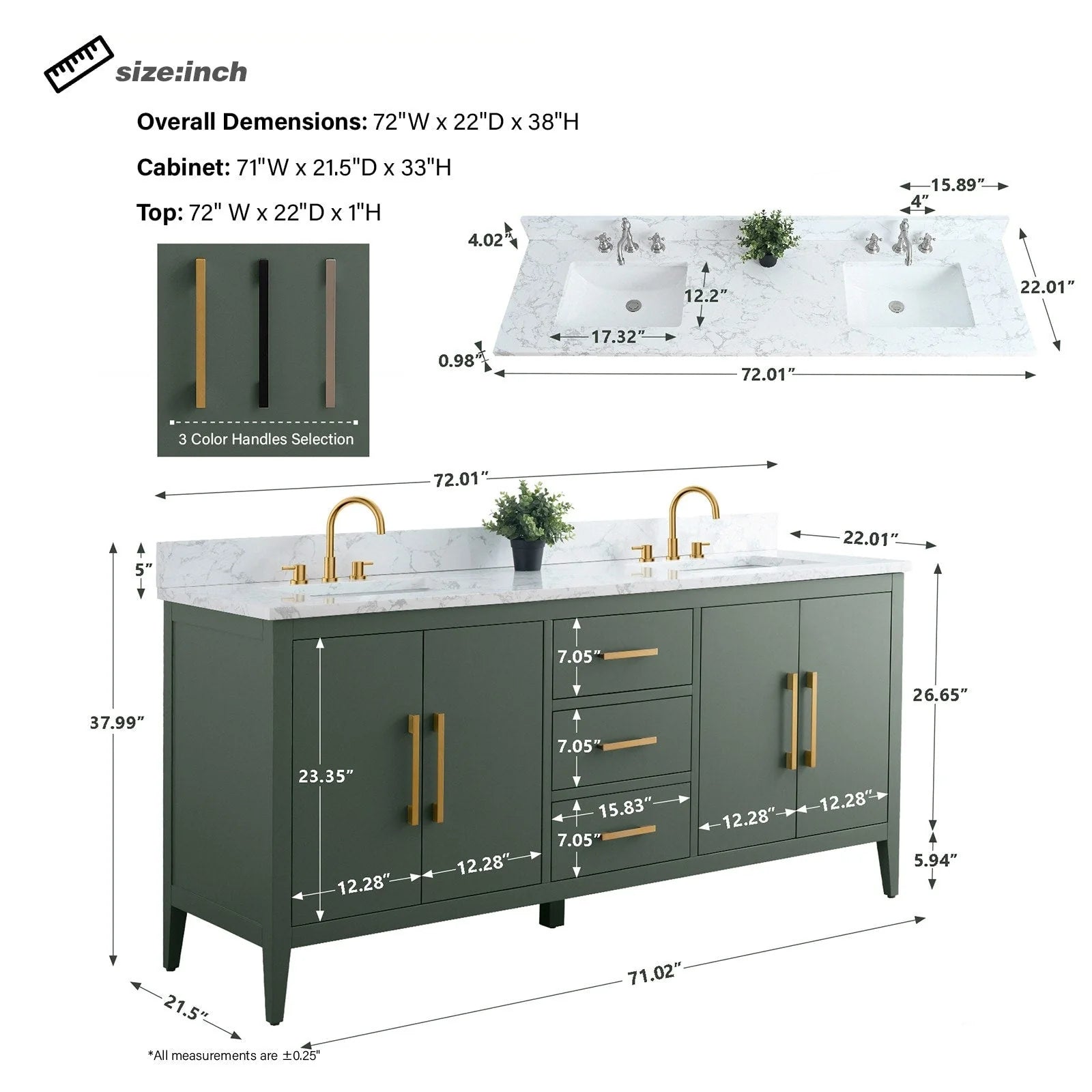 Vanity Art 72 Zoll Badezimmer-Waschtischunterschrank mit Doppelwaschbecken und Kunstmarmorplatte
