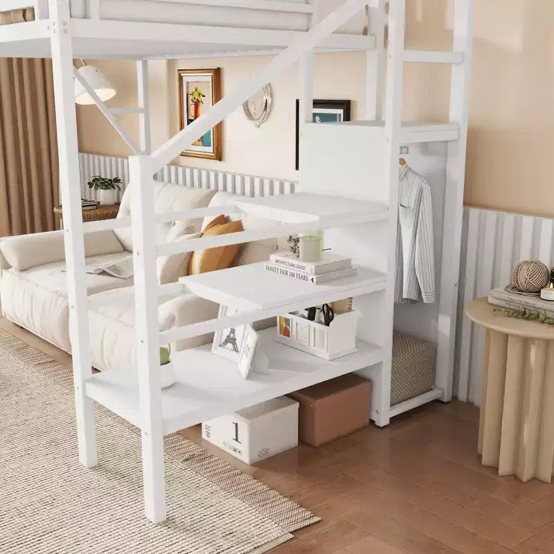 Okak 94IN Hochbett in Doppelbettgröße mit Kleiderschrank, Doppelbett mit Ablagefächern und Korb, Bettrahmen für Schlafzimmer, Wohnheim