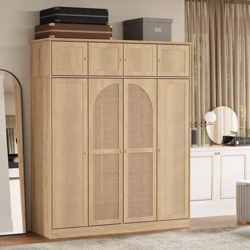70.87Tall 8-türiger Kleiderschrank mit großer Kapazität, Kleiderstange, verstellbaren Regalböden und Rattantüren