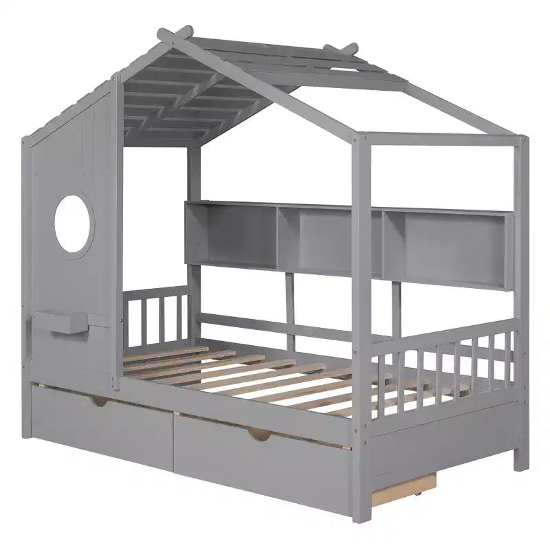 Hausbett aus Holz in Twin-/Full-Size mit 2 Schubladen, Kinderbett mit Ablageregal - ModernLuxe