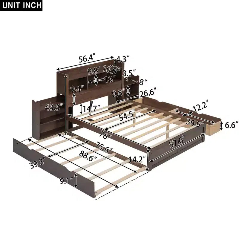 Plattformbett in voller Größe mit Stauraum, Ausziehbett, Kopfteil mit Bücherregal und Ladestation, Bettgestell aus Holz in voller Größe mit Regalen und Schubladen
