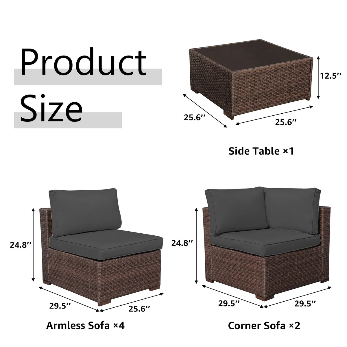 7-teiliges Outdoor-Sofa-Set aus Korbweide/Stahl mit Polstern