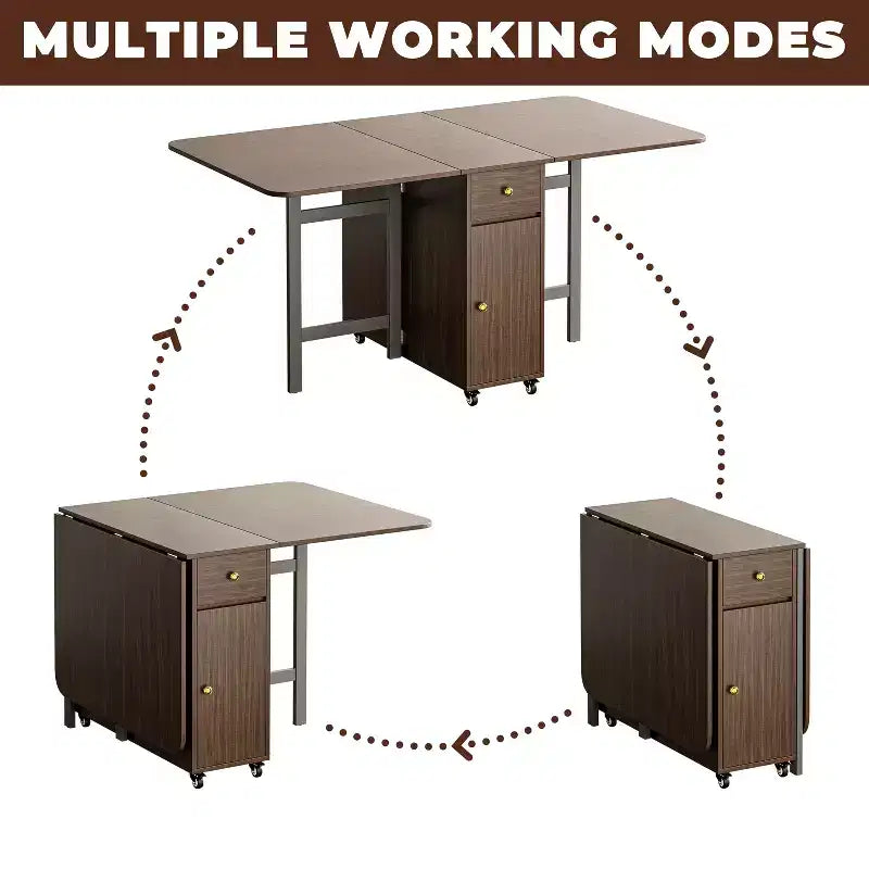 ATJafurn 59'' Klappbarer Esstisch mit Klappplatten für kleine Räume, rechteckiger, ausziehbarer Küchentisch aus Holz mit Rollen und Stauraum