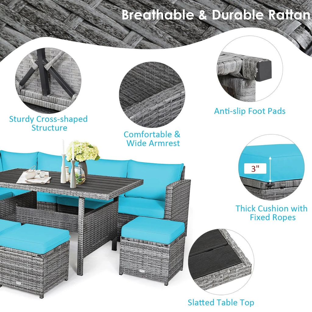 Costway 7-teiliges Terrassen-Essgruppe Rattan-Sofa Couch Ottomane – Details ansehen