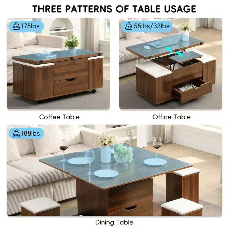Multifunktionaler moderner Couchtisch mit Hebefunktion, verstecktem Stauraum, 4 Hockern und Rollen, perfekt für moderne Wohnbereiche