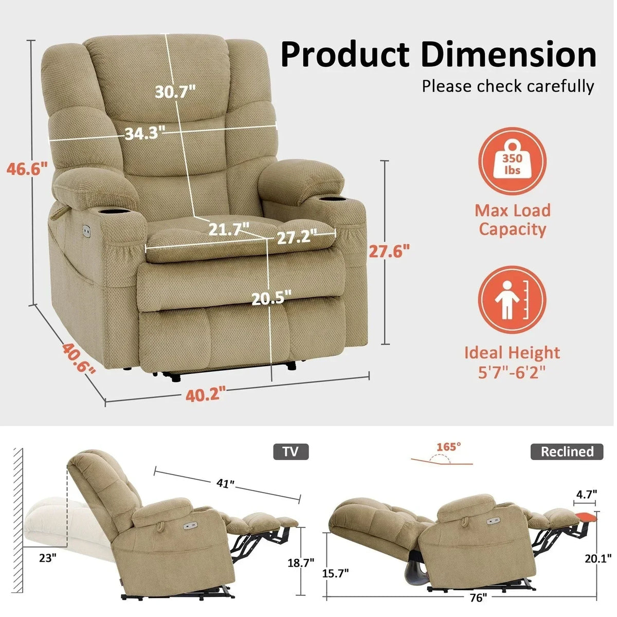MCombo Großer, breiter Power-Lift-Liegesessel mit zwei Motoren, Massage und dualer Heizung für große und korpulente Senioren, Stoff R7635
