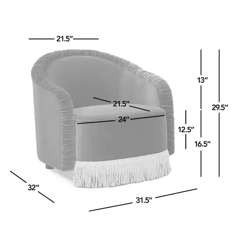 Jennifer Taylor Home Serena 31.5 Ruched Barrel Back Akzentsessel mit Bullion-Fransen, olivgrüner Performance-Samt