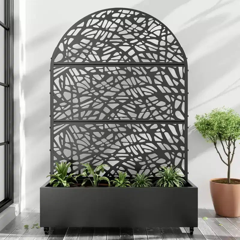 MAYEERTY 72x47 Schwarzer gewölbter Eisen-Pflanzkasten mit Spalier, 3-teiliges Set, dekorativer Gartensichtschutz für Terrasse und Balkon