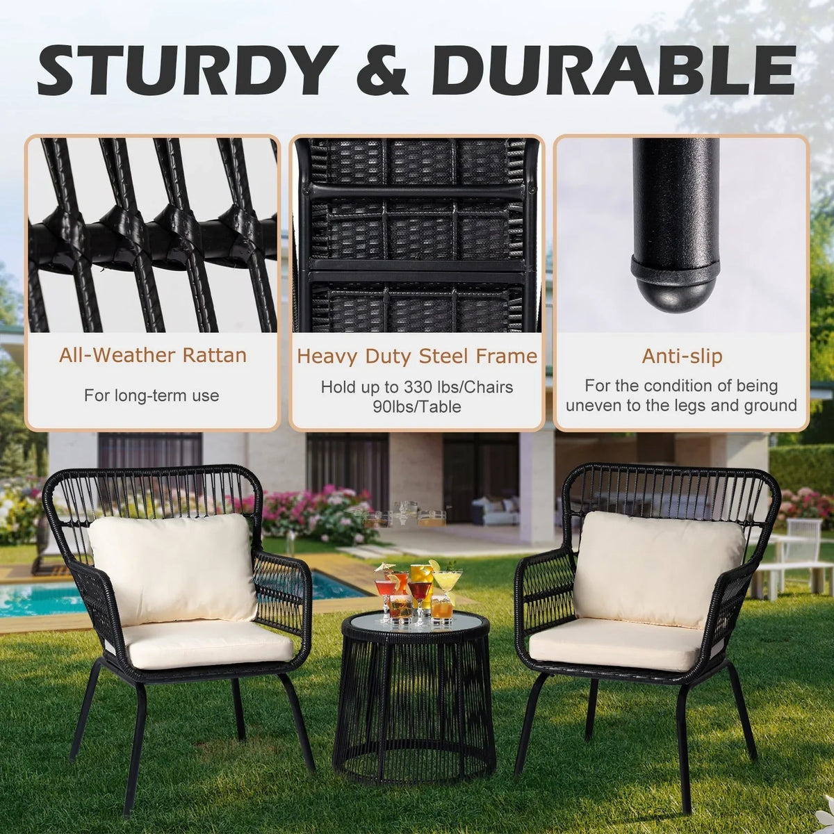 3-teiliges Outdoor-Bistro-Set aus Korbstühlen, witterungsbeständige Rattanmöbel-Sitzgruppe mit Kissen