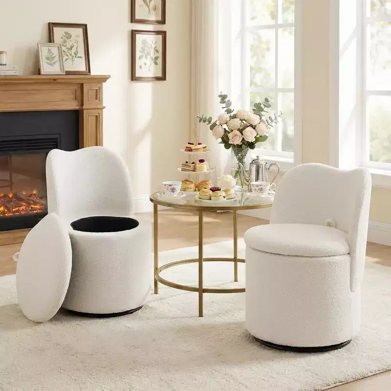 Drehbarer Schminkstuhl mit Stauraum, gepolsterter runder Make-up-Hocker mit Rückenlehne, weich gepolsterter Fass-Akzent-Sessel für Schlafzimmer und Wohnzimmer