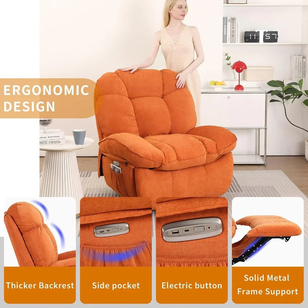 XINMICS Drehbarer elektrischer Relaxsessel, Massage-Schaukel-Liegesessel mit Heizfunktion, USB, USB-C und Seitentasche