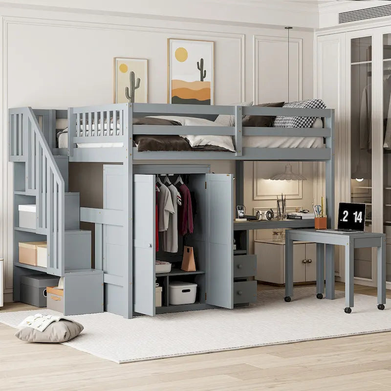 Doppelbett-Hochbett mit Treppe, Bücherregal, Schreibtisch und Kleiderschrank – platzsparendes Multifunktionsmöbel für Kinder & Jugendliche – Weiß