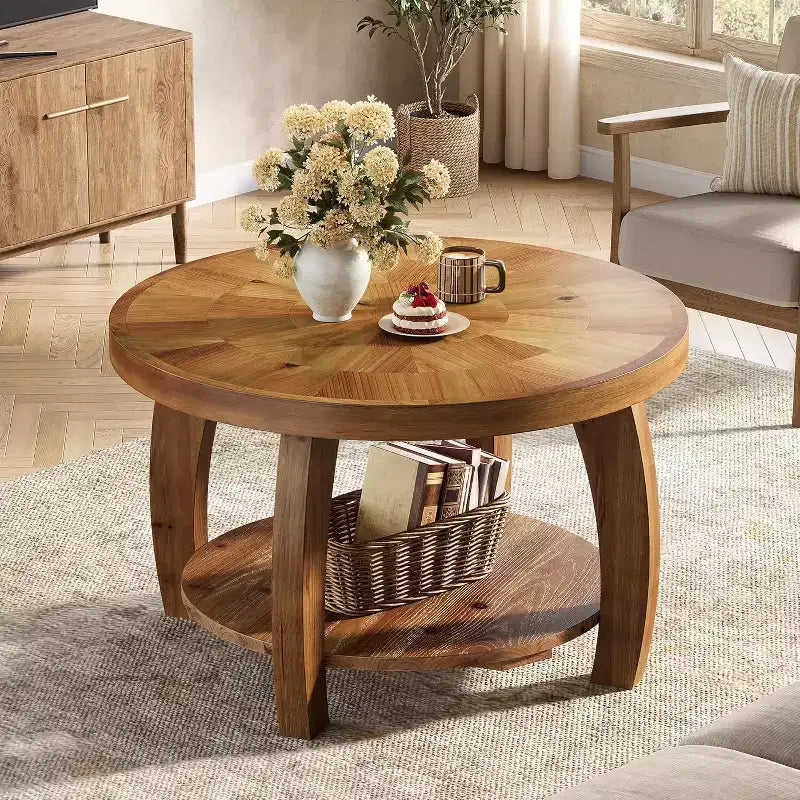 Lantine Couchtisch rund aus Massivholz, 2-stöckiger Beistelltisch mit Stauraum, 80 cm Tischplatte mit Mosaikmuster, einfache Montage, für Wohnzimmer, Braun