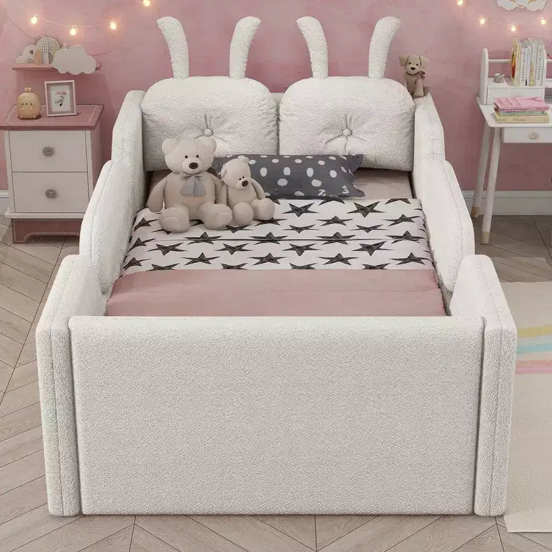 Whisen Twin Plattformbett, Kinder-Bodenpolsterbettgestell mit Hasenkissen, abnehmbare Seitengitter