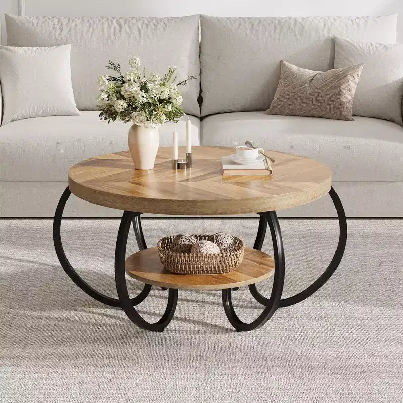 30 Zoll runder industrieller Couchtisch, 2-stöckig mit verstellbaren Füßen, Holzmaserungsablage, Flammendesign, einfache Montage, Wohnzimmer