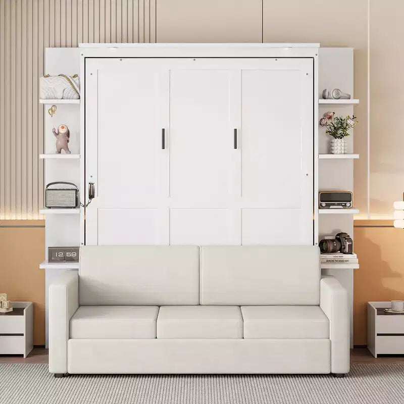 Queen Murphy-Bett Schrankbett mit Sofa, Queen-Size-Schrankbett Klappbett mit Bücherregal und Ablagen für Gästezimmer Büro