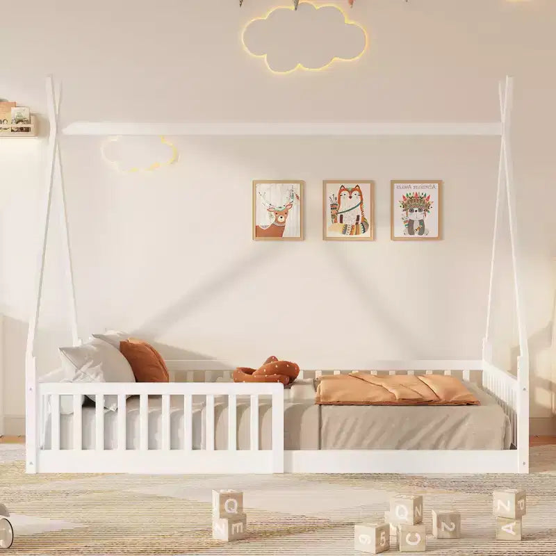 Bodenbett für Kinder, Zeltbetten in Doppelbettgröße, Montessori-Bodenbett mit Lattenrost und Zaungeländer, Holz-Hausbettgestell für Jungen und Mädchen