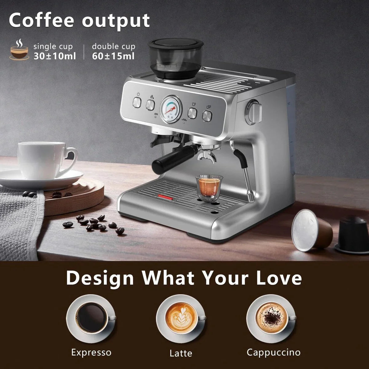 Halbautomatische Kaffeemaschine mit intelligenter Temperaturregelung und Heißwasserfunktion, 30 Mahlgradeinstellungen