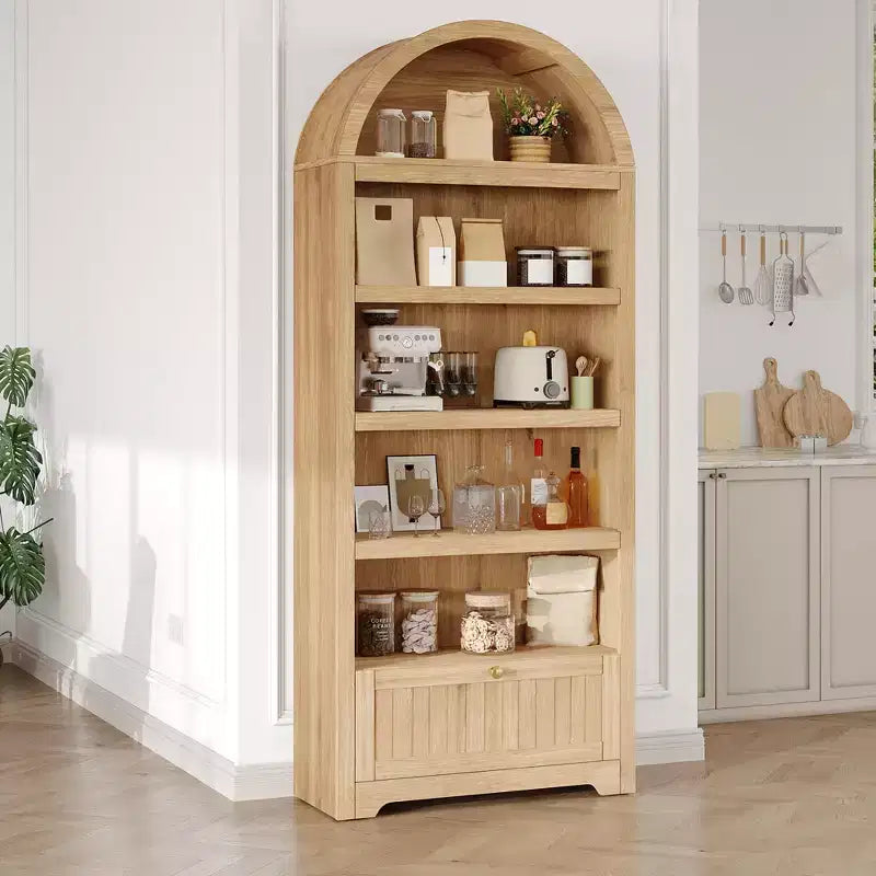 72" geschwungenes Bücherregal mit Aufbewahrungsschublade, modernes 6-stöckiges Holzregal mit offenen Fächern und unterer Schublade, gebogene Schranktür