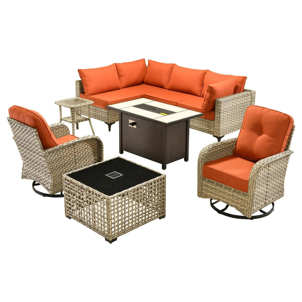 OVIOS 9-teiliges Gartenmöbel-Set aus Korbsessel und Feuertisch