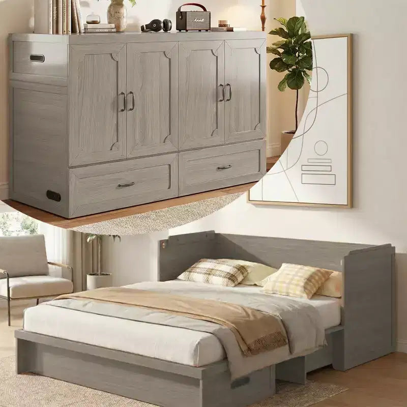 Mjkone Queen-Size-Schrankbett mit Matratze, USB-Ladeanschluss und Aufbewahrungsschubladen