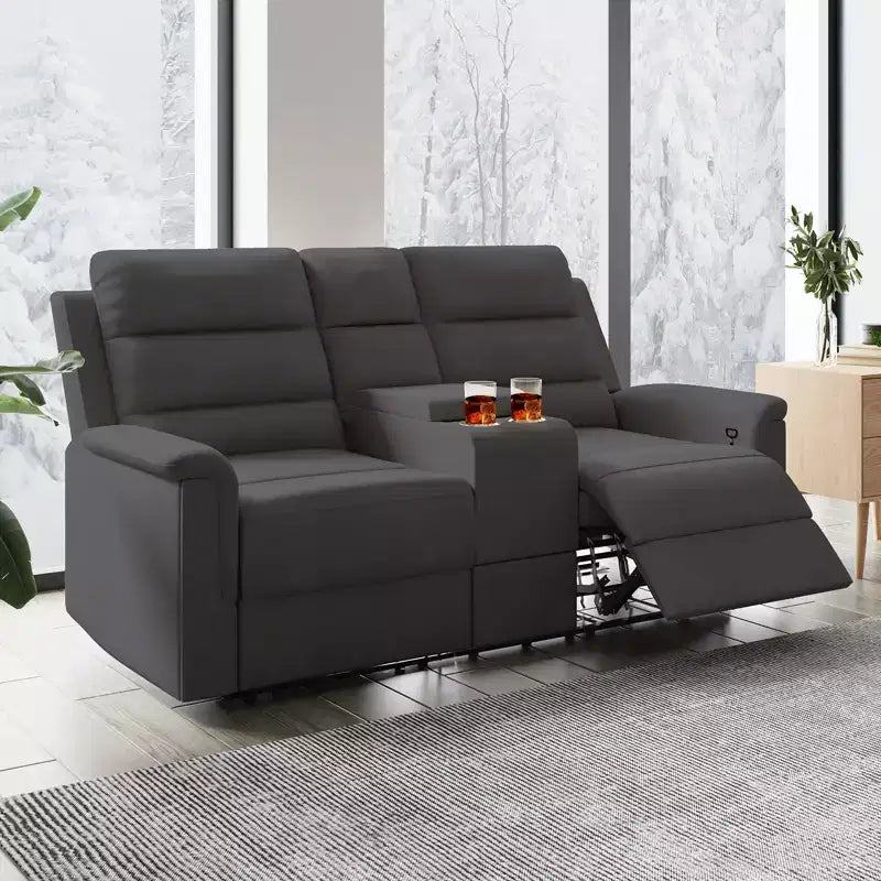Beige/Graues 2-Sitzer Sofa mit Relaxfunktion aus Tech-Stoff, verstellbare Rückenlehne & Fußstütze