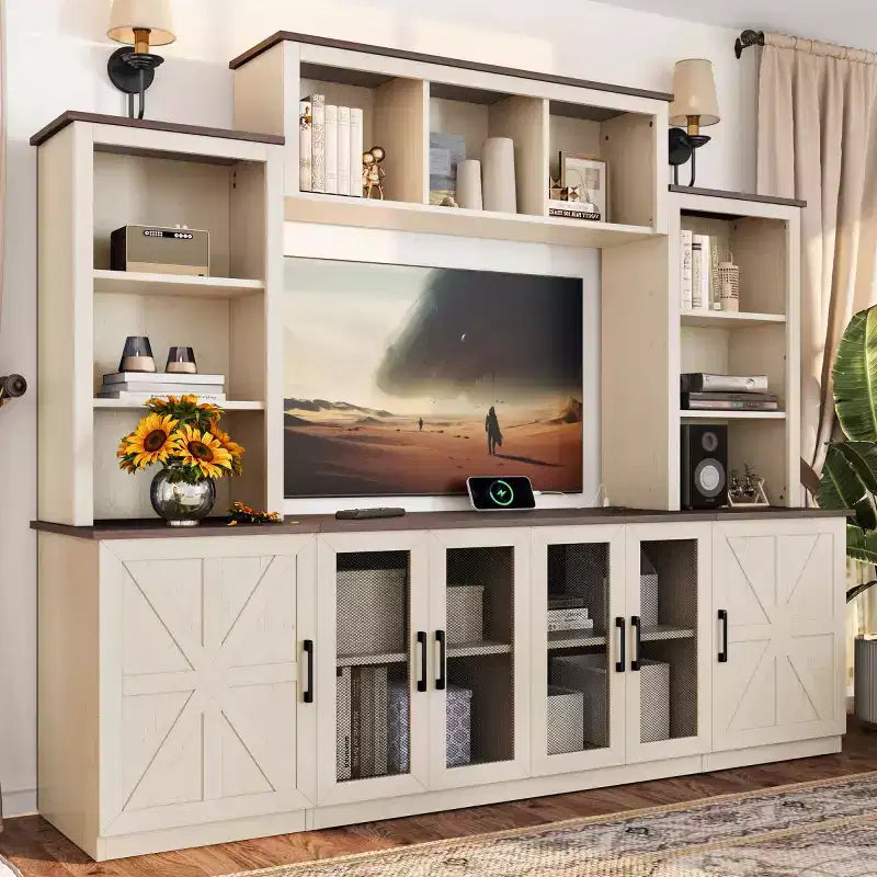 Moderner TV-Ständer für 55-Zoll-Fernseher mit Ladestation, Medienkonsole mit großen Aufbewahrungsschränken, Entertainment-Center für das Wohnzimmer-Panipeachy