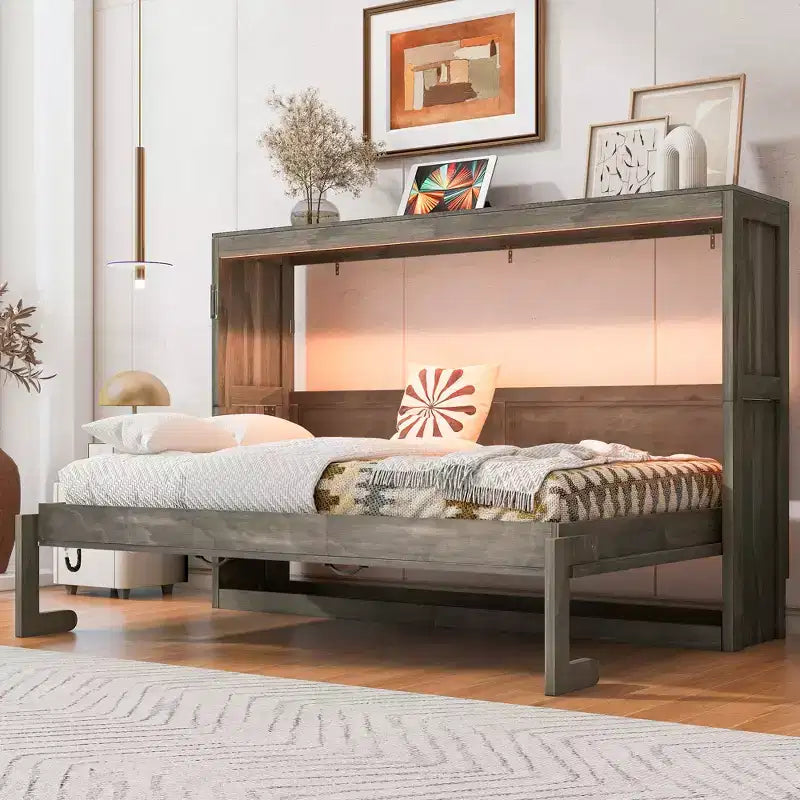 Doppelbett Murphy-Bett mit LED-Beleuchtung, kann in einen Schrank umgewandelt werden, Verstecktes Wandbett-Schrank für Gästezimmer