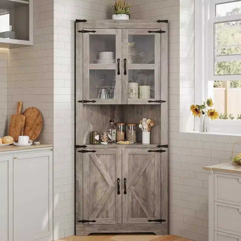 69" Hoher Eckschrank, Bauernhaus-Eckschrank, platzsparender Stauraum, Glastür, verstellbare Einlegeböden, für Wohnzimmer, Küche